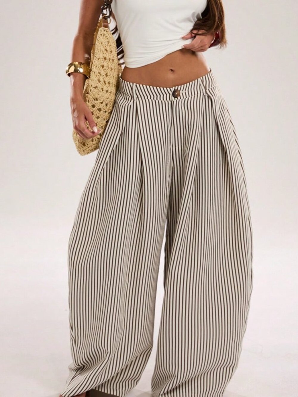 Apricot Casual Women's Checkered Striped Loose Long Curved Pants - Picture 4 of 7